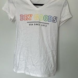Dry goods white t shirt with rainbow lettering